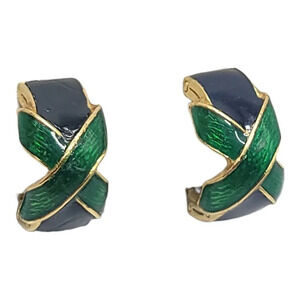 David Hill Blue Green Enamel Cross Pattern Half Hoop Clip On Earrings Vintage Go